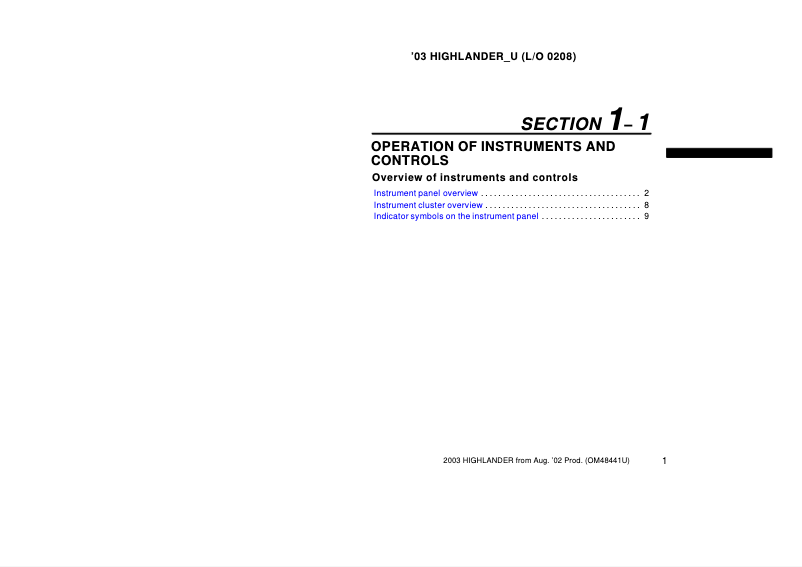 Page 1 de la notice Manuel utilisateur Toyota Highlander (2003)