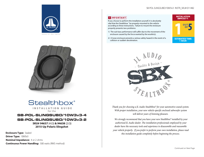 Page n°1 - Manuel utilisateur JL Audio Stealthbox SB-POL-SLINGSUBD/10W3v3-2