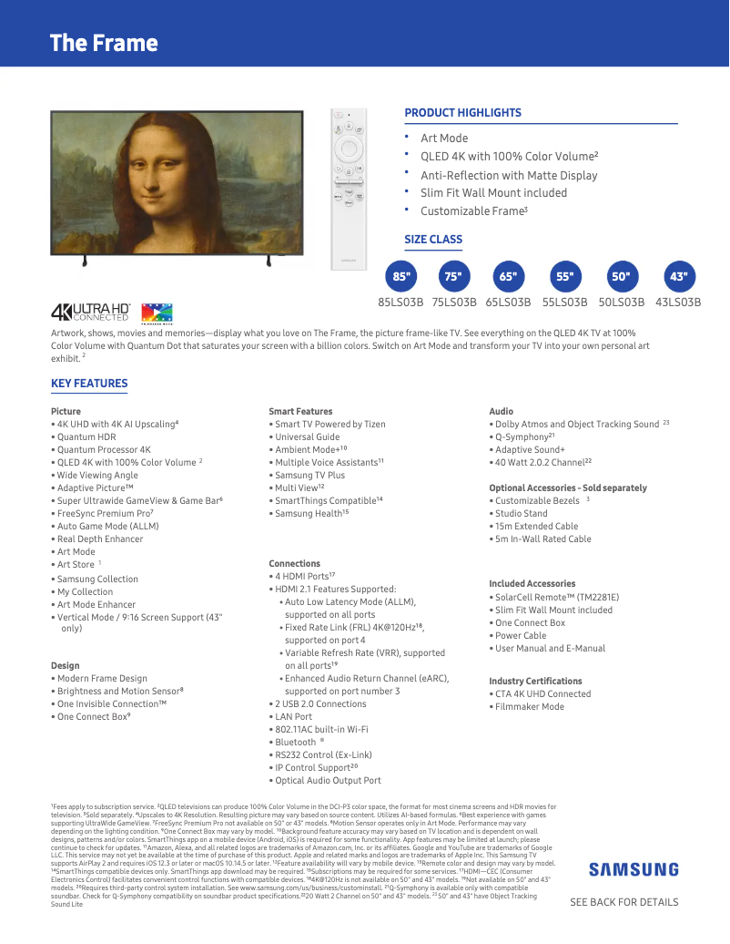 Page 1 de la notice Fiche technique Samsung QN50LS03BAF