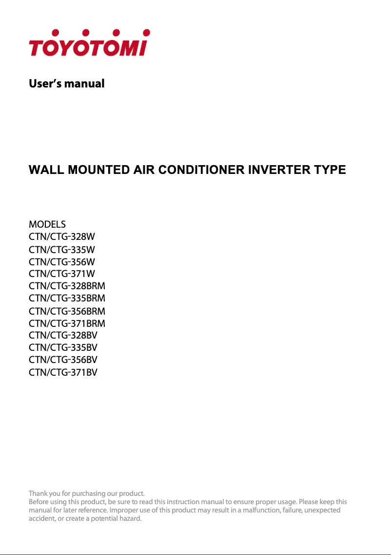 Page 1 de la notice Manuel utilisateur Toyotomi CTN/CTG-356BV