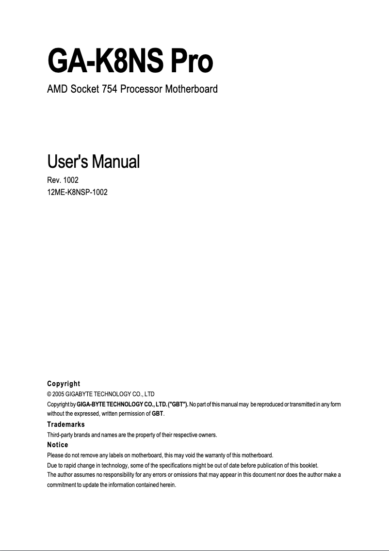 Image de la première page du manuel de l'appareil GA-K8NS Pro