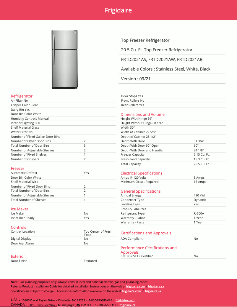 Page n°1 - Fiche technique Frigidaire FRTD2021AW