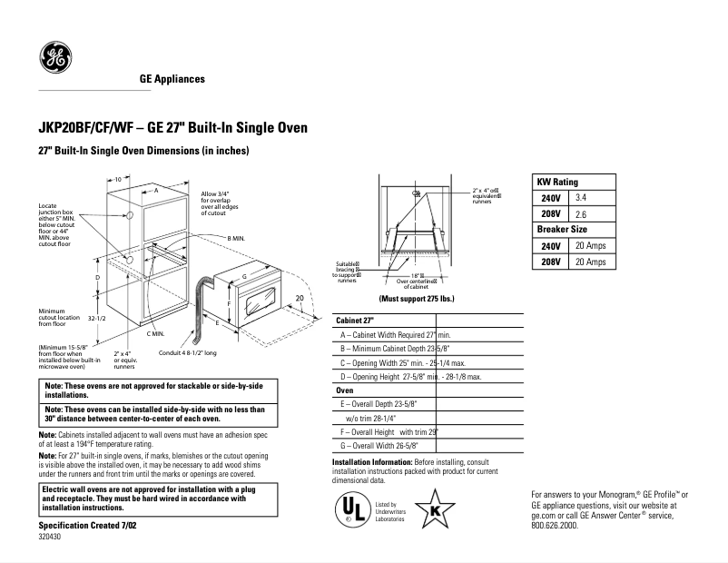 Page 1 de la notice Fiche technique GE JKP20BFBB