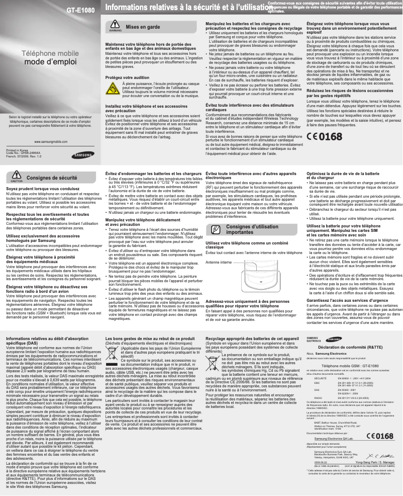 Page 1 de la notice Manuel utilisateur Samsung GT-E1080