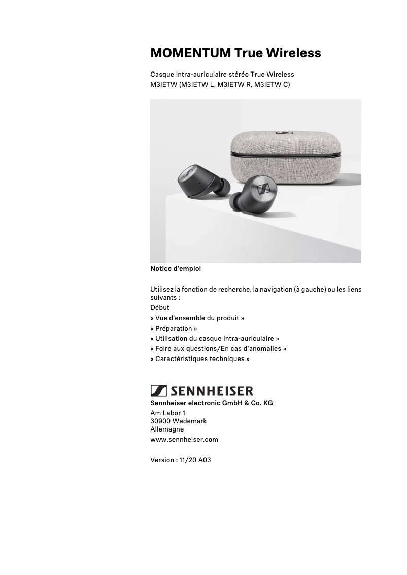 Page 1 de la notice Manuel utilisateur Sennheiser Momentum True Wireless 3