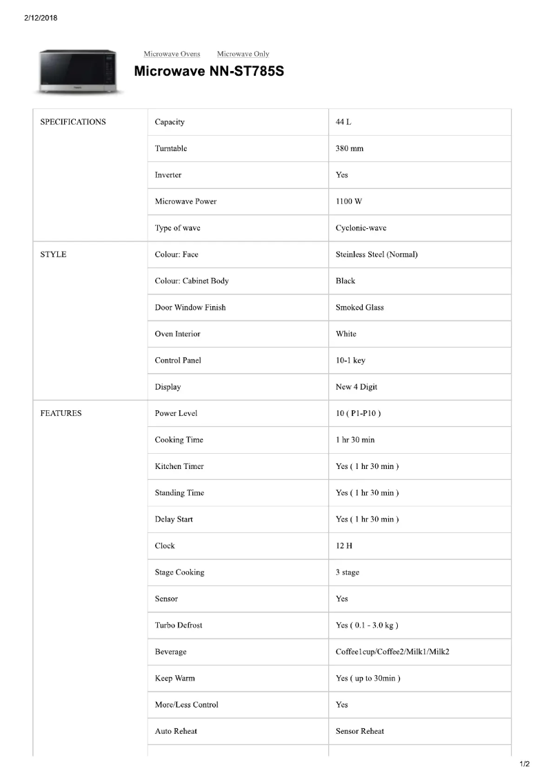 Page 1 de la notice Fiche technique Panasonic Inverter NN-ST785S
