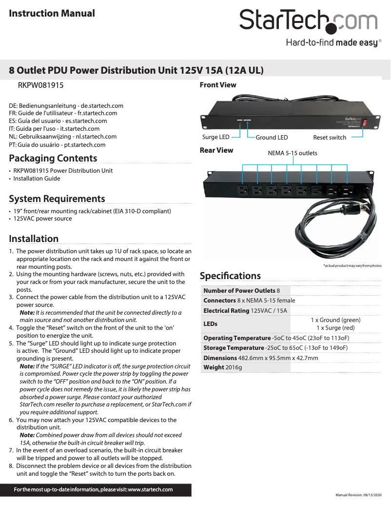 Page n°1 - Manuel utilisateur StarTech.com RKPW081915