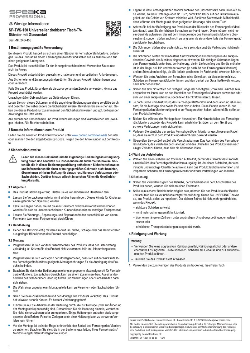 Page 1 de la notice Manuel utilisateur Speaka SP-TVS-150