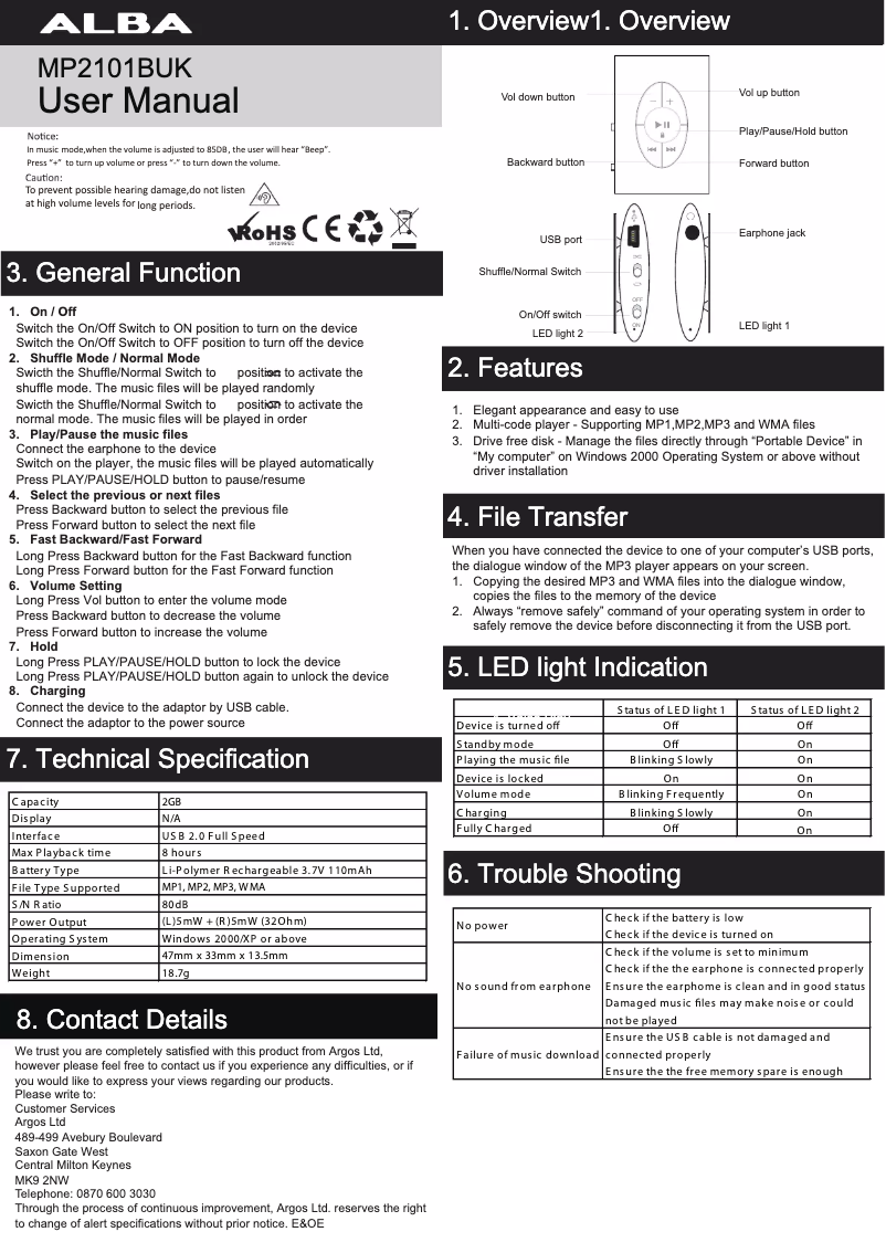 Page 1 de la notice Manuel utilisateur Curtis MP2101BUK
