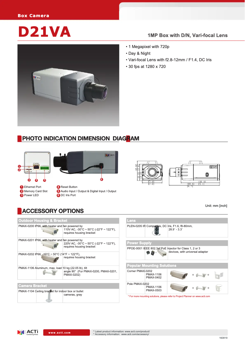 Page 1 de la notice Fiche technique ACTi D21VA