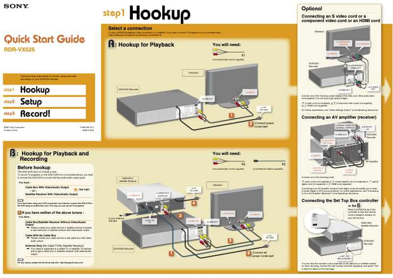 Page 1 de la notice Guide d'installation Sony RDR-VX525