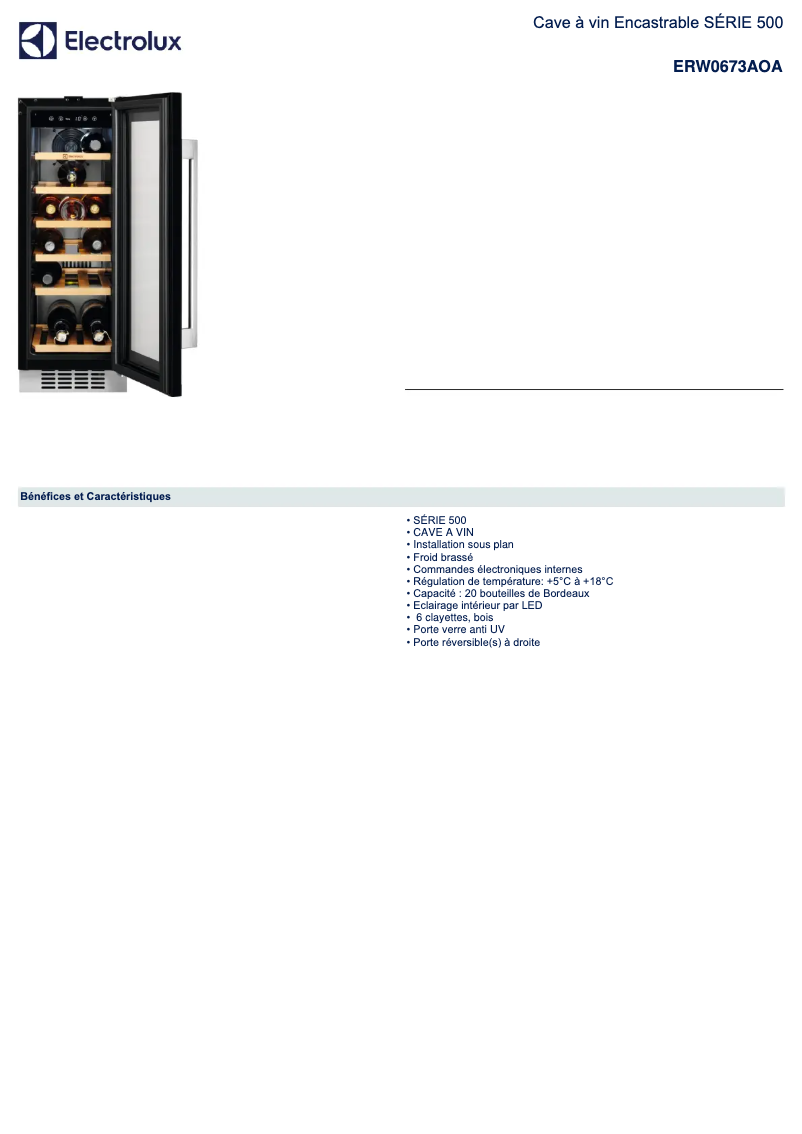 Page 1 de la notice Fiche technique Electrolux ERW0673AOA