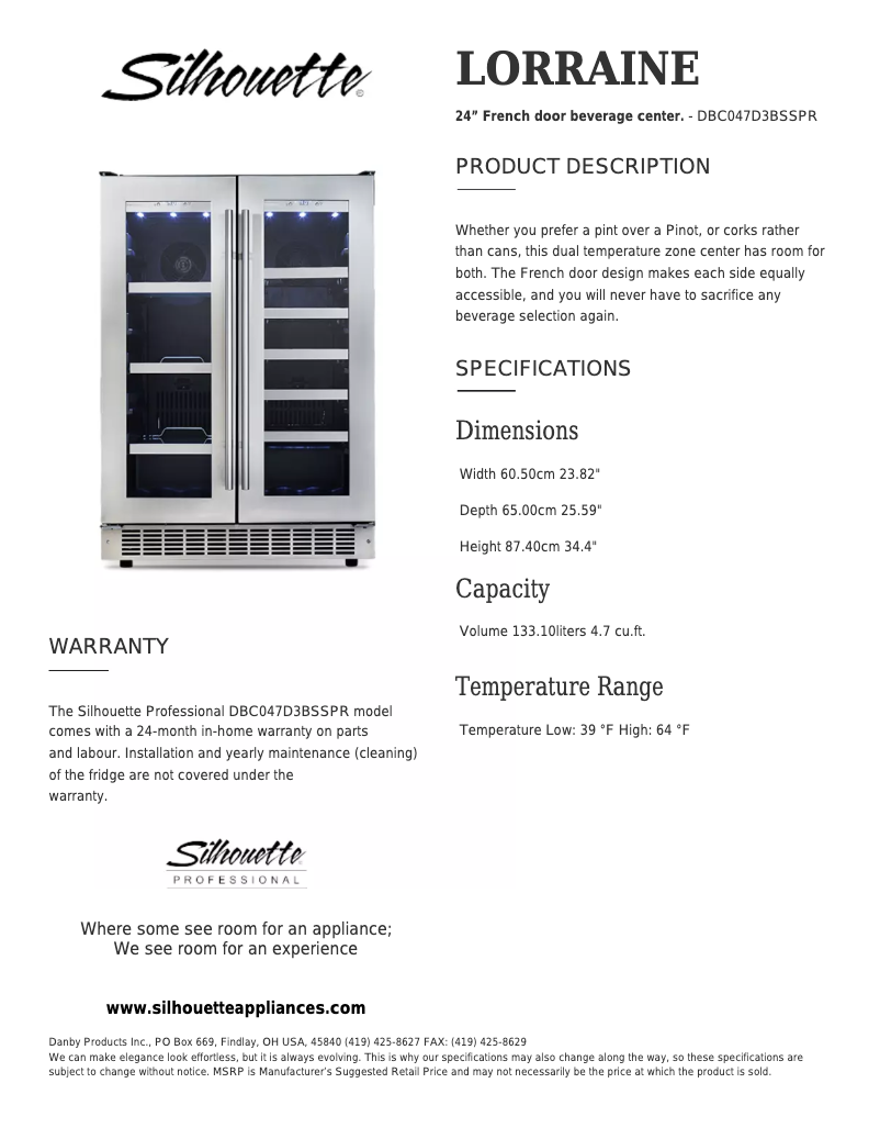 Page 1 de la notice Fiche technique Danby DBC047D3BSSPR