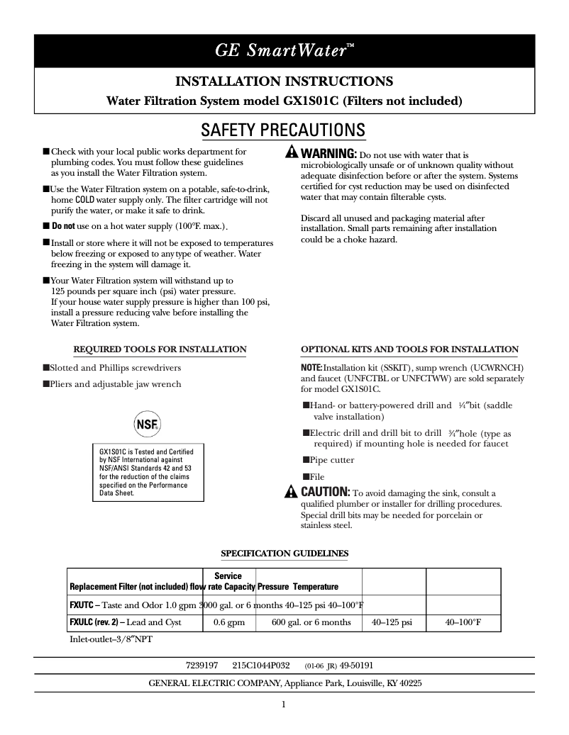 Page n°1 - Guide d'installation GE GX1S01C