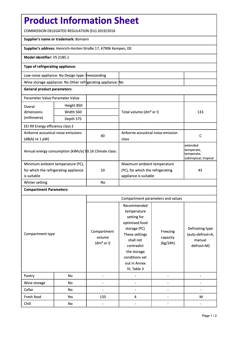 Page 1 de la notice Fiche technique Bomann VS 2185.1
