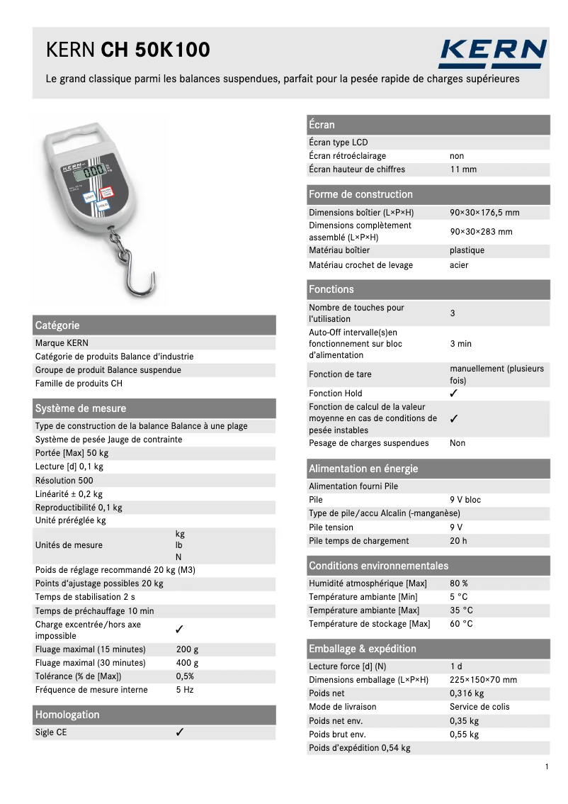Page 1 de la notice Fiche technique Kern CH 50K100