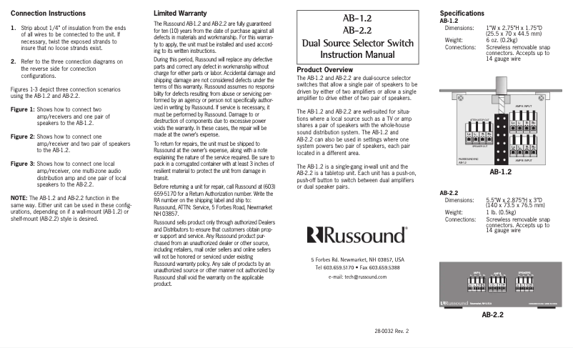 Page n°1 - Manuel utilisateur Russound AB-1.2
