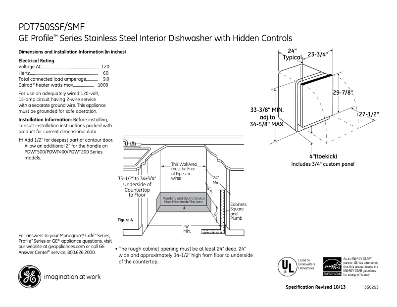 Page 1 of the manual Technical Sheet GE PDT750SSFSS