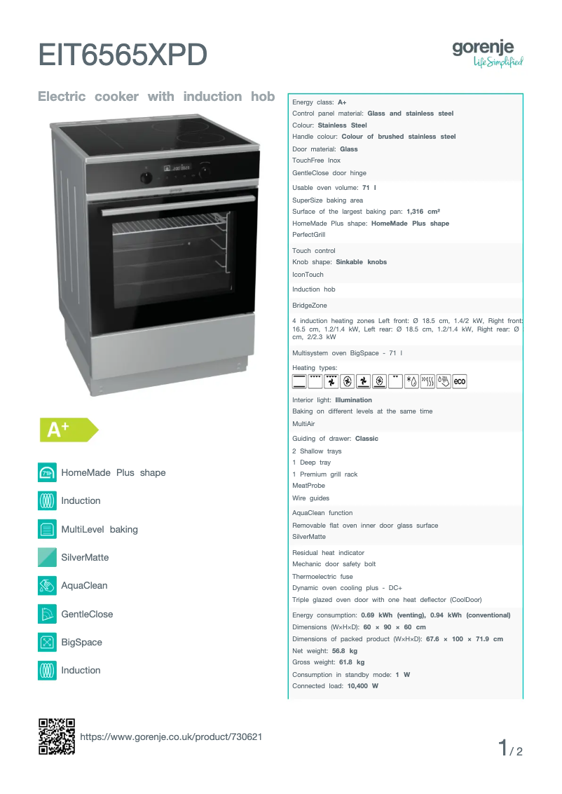 Página 1 del manual Ficha técnica Gorenje EIT6565XPD