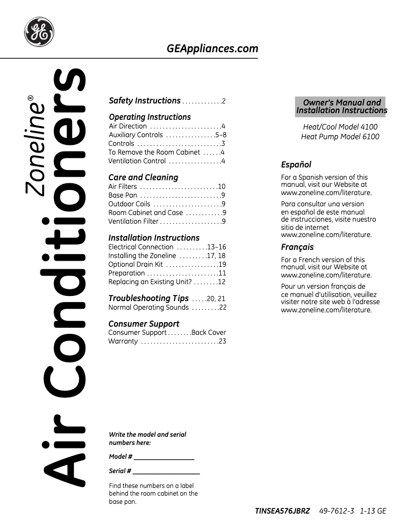 Page n°1 - Manuel utilisateur GE AZ41E07EAB Zoneline