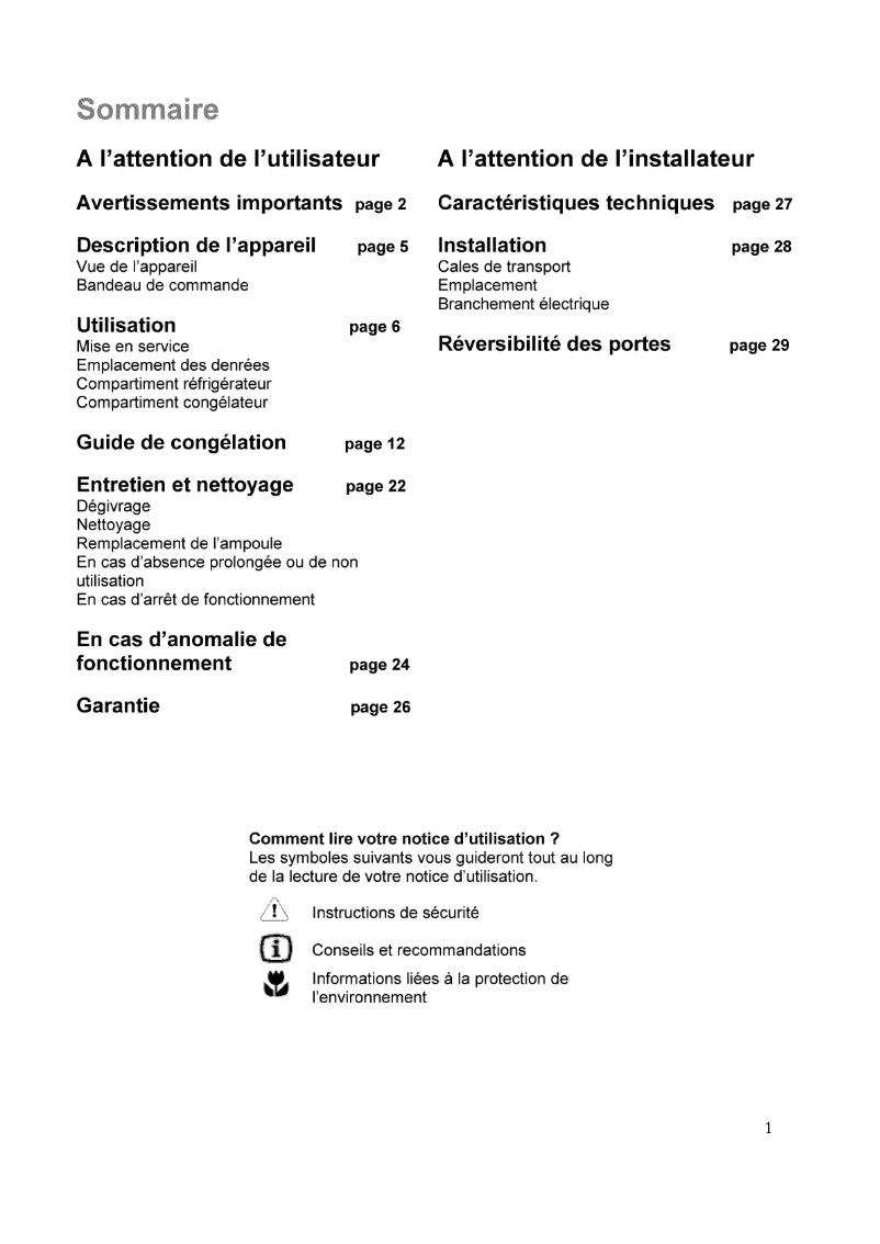 Page 1 de la notice Manuel utilisateur Arthur Martin-Electrolux ANB3860