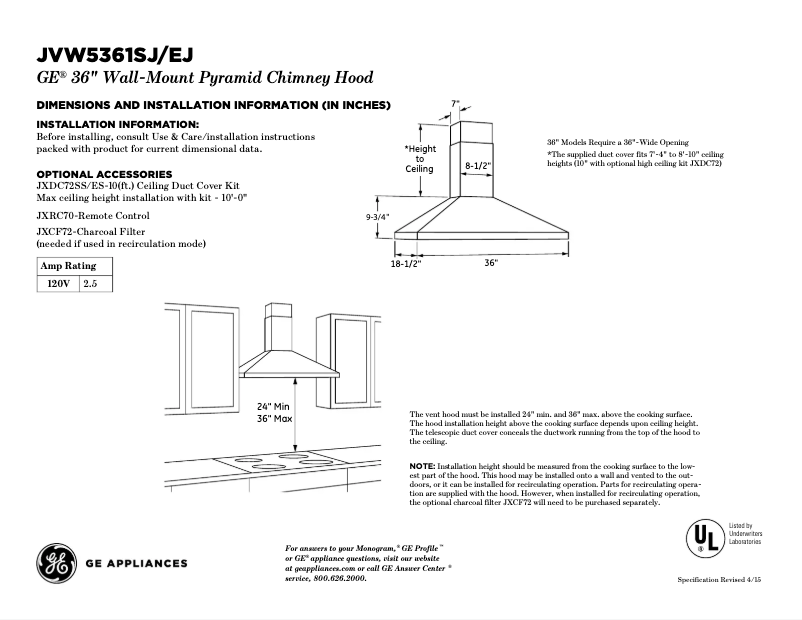 Page 1 de la notice Fiche technique GE JVW5361EJES