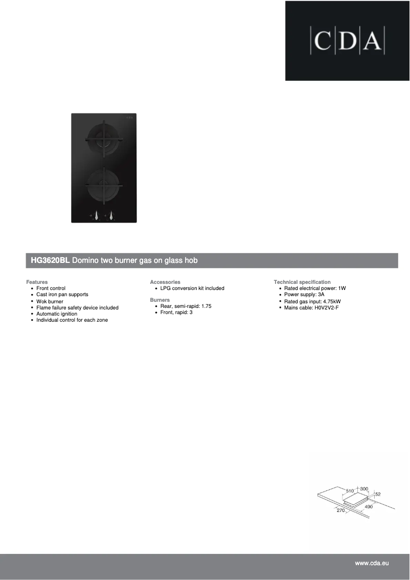 Page 1 de la notice Fiche technique CDA HG3620BL