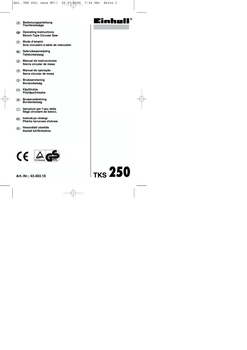 Page 1 de la notice Manuel utilisateur Einhell TKS 250