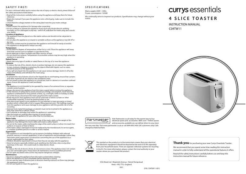 Page n°1 - Manuel utilisateur Currys Essentials C04TW11