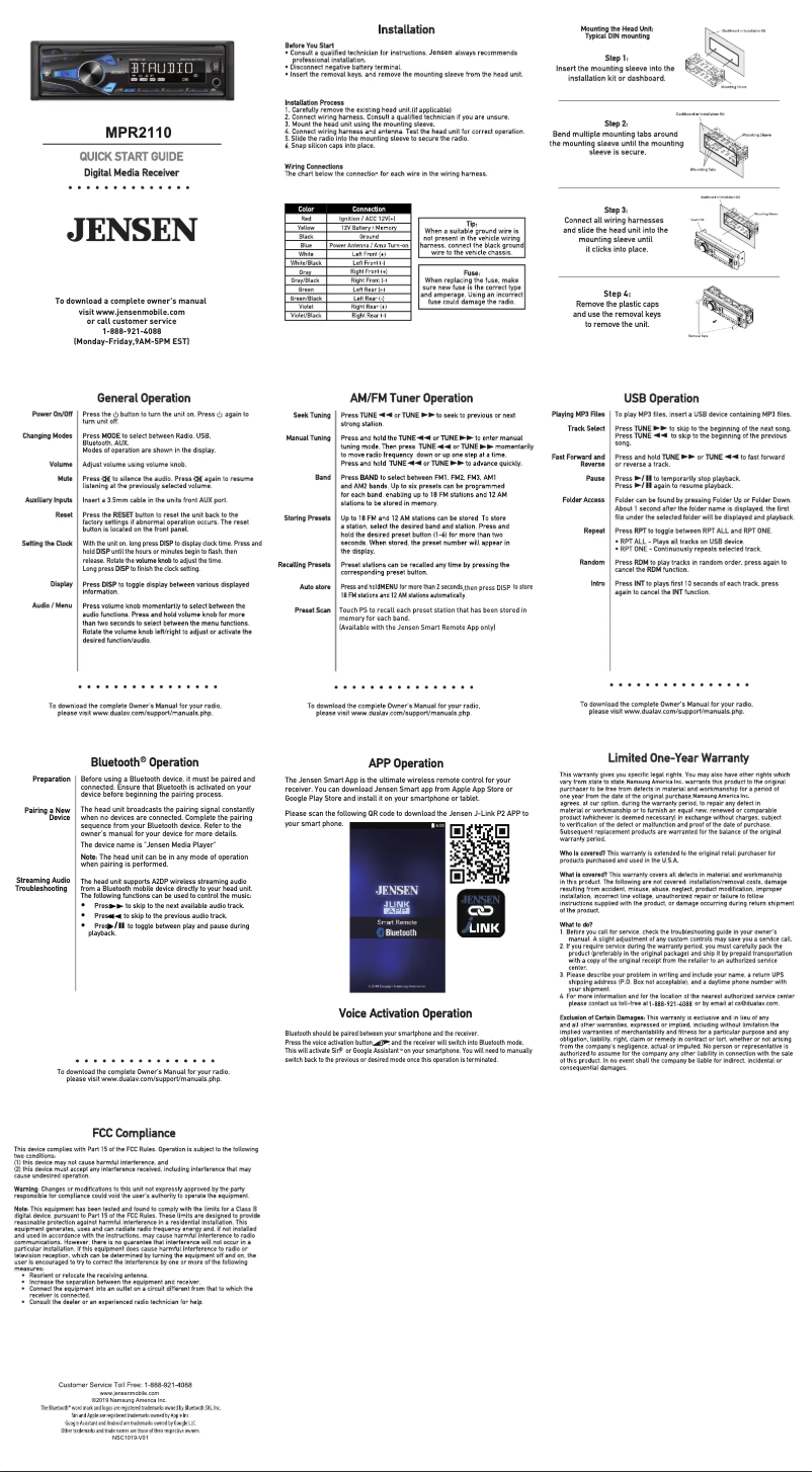 Page 1 de la notice Guide de démarrage rapide Jensen MPR2110
