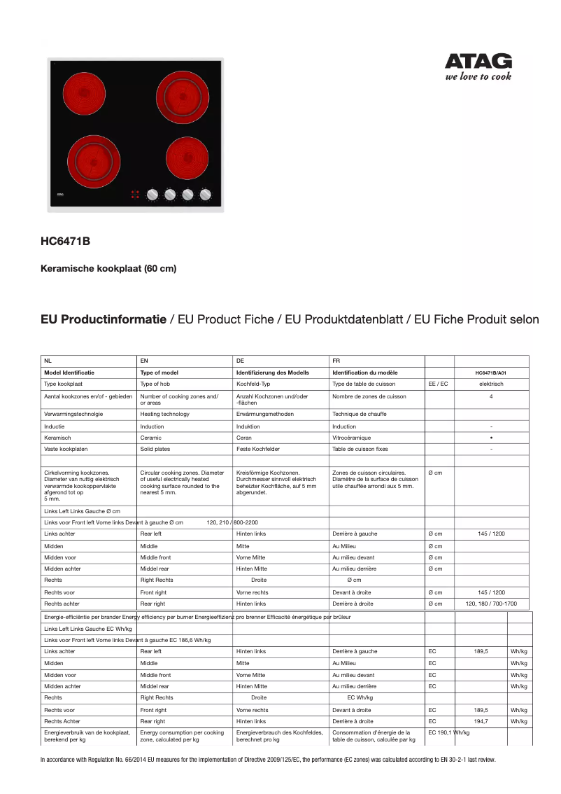 Page 1 de la notice Fiche technique Atag HC6471B