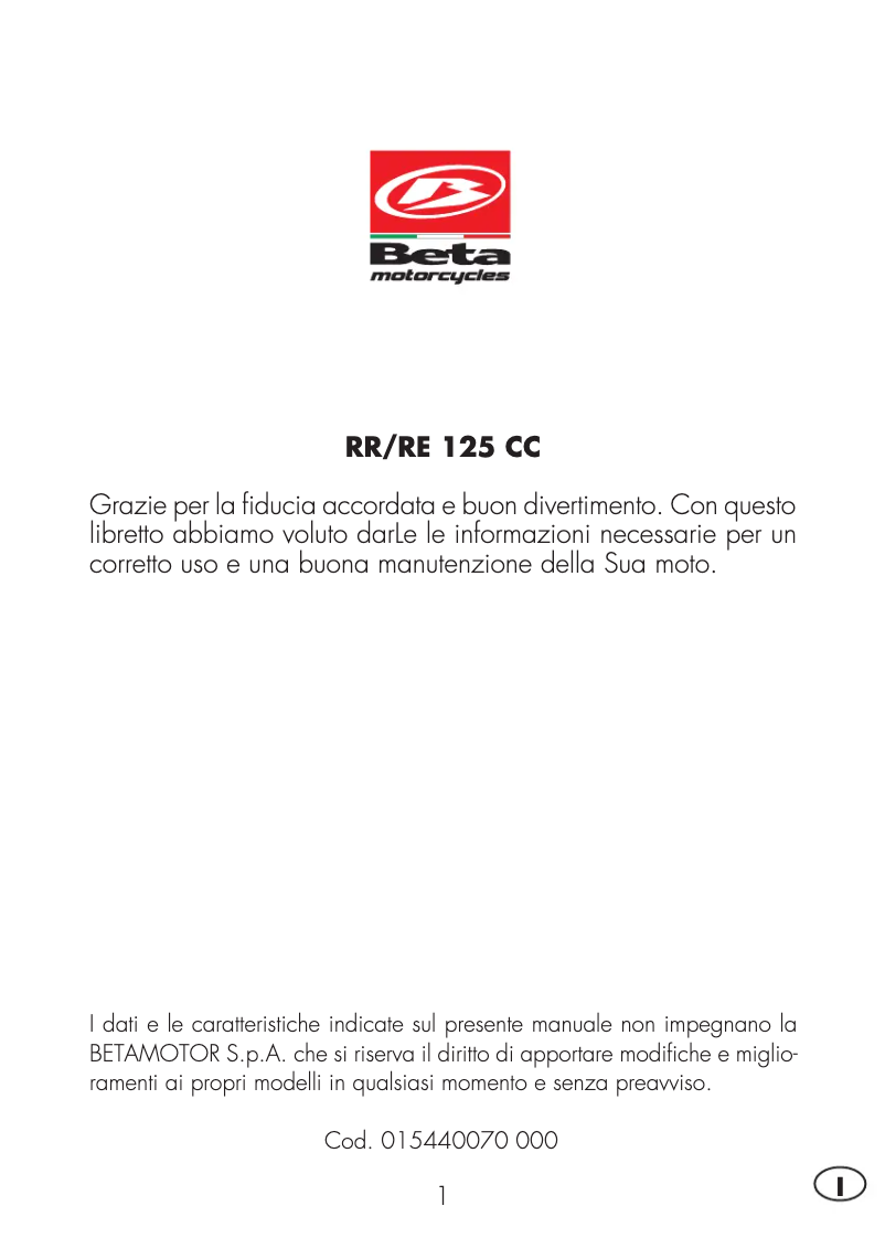 Page 1 de la notice Manuel utilisateur Beta RR 125 (2016)
