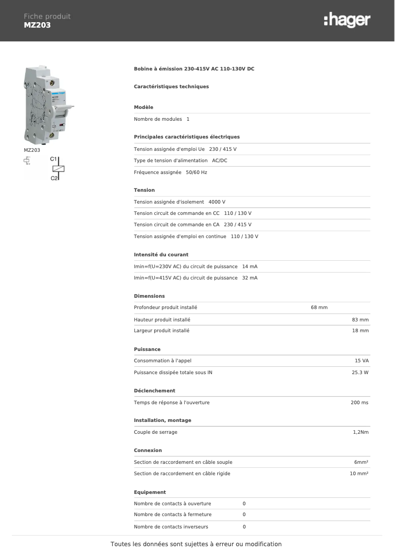 Page n°1 - Fiche technique Hager MZ203