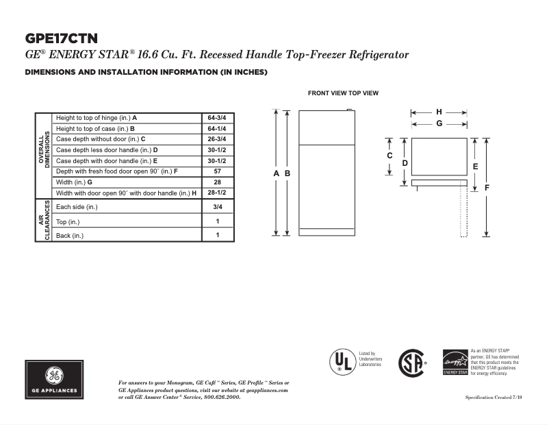 Page 1 de la notice Fiche technique GE GPE17CTNRWW