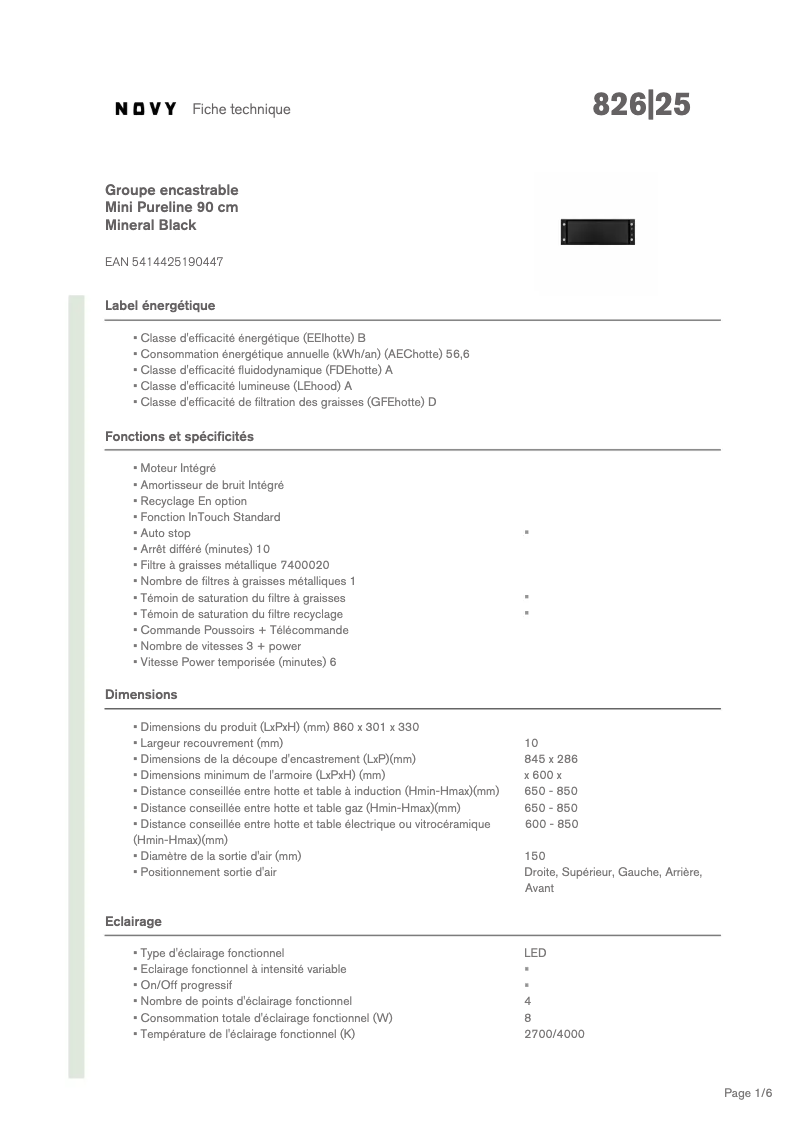 Page 1 de la notice Fiche technique Novy Pure'line Mini 826