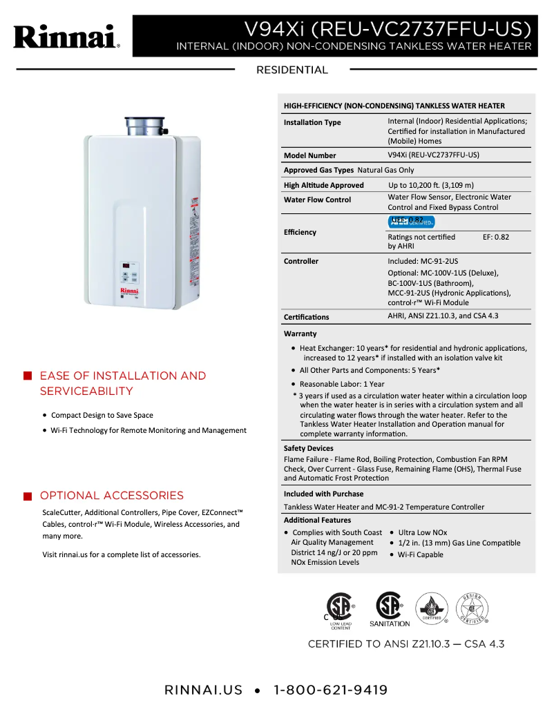 Page 1 de la notice Fiche technique Rinnai V94XiN