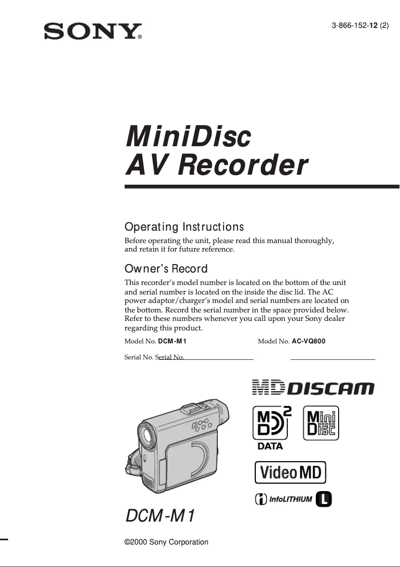 Page 1 de la notice Manuel utilisateur Sony DCM-M1