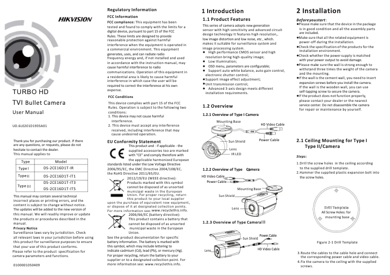 Page 1 de la notice Manuel utilisateur Hikvision DS-2CE16D1T-IT3(16MM)