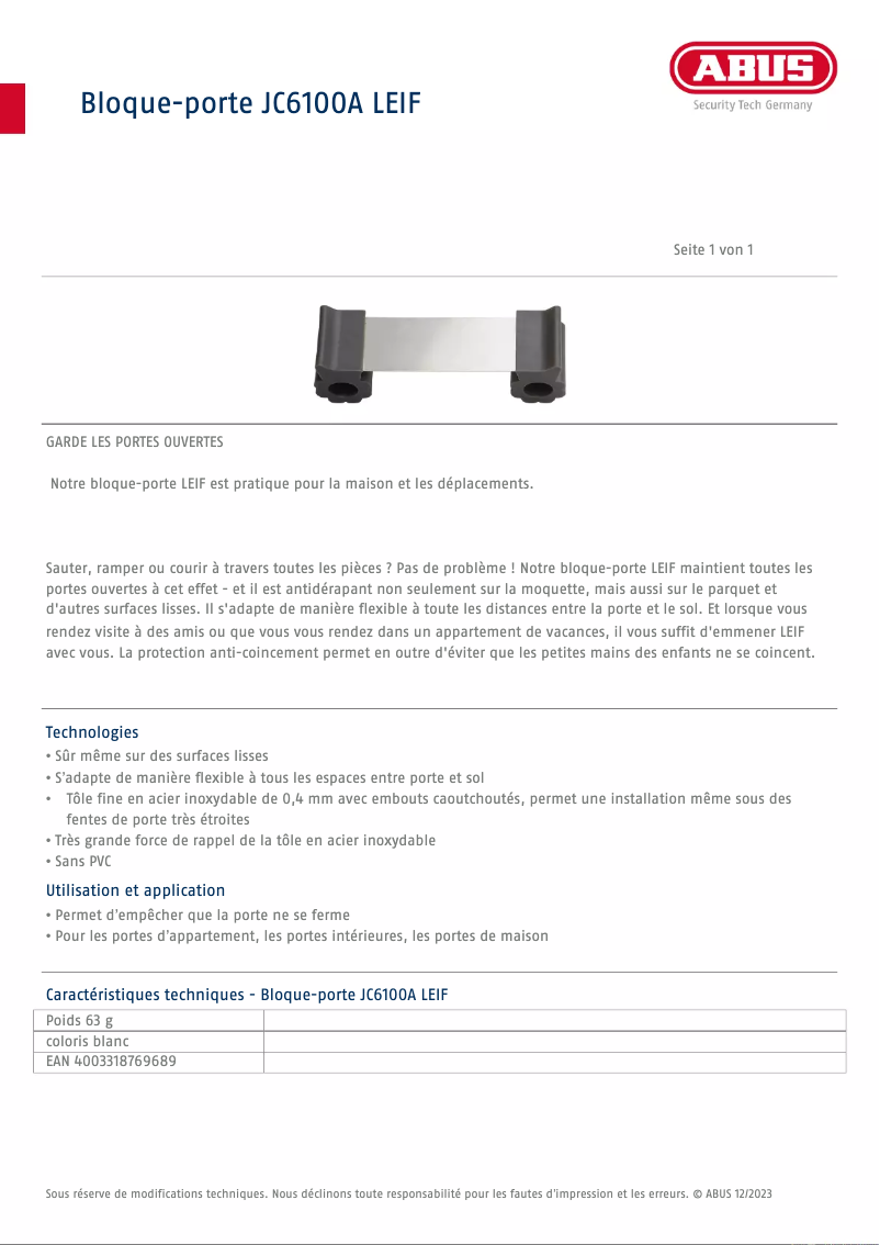 Page n°1 - Fiche technique Abus LEIF JC6100A