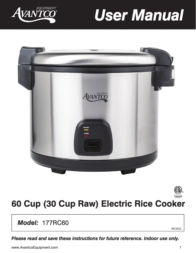 Página 1 del manual Manual de usuario Avantco RC60