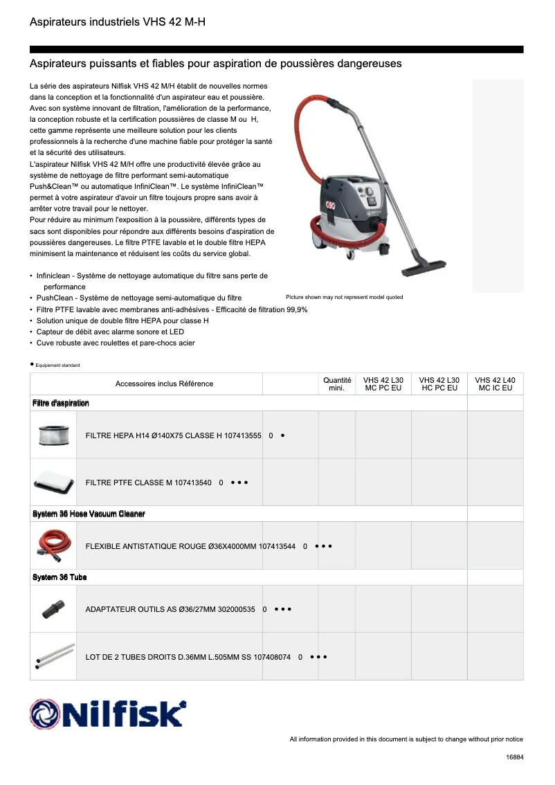 Page 1 de la notice Fiche technique Nilfisk VHS 42 MC