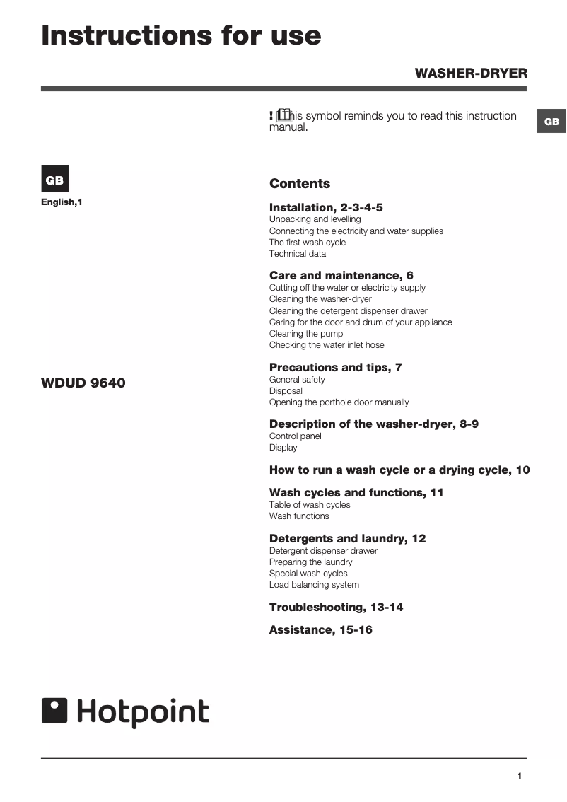 Page 1 de la notice Manuel utilisateur Ariston Thermo WDUD 9640