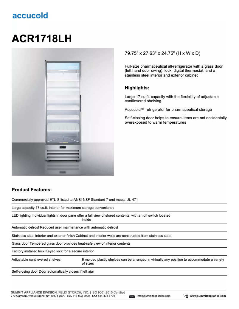 Page 1 de la notice Fiche technique Summit Accucold ACR1718LH