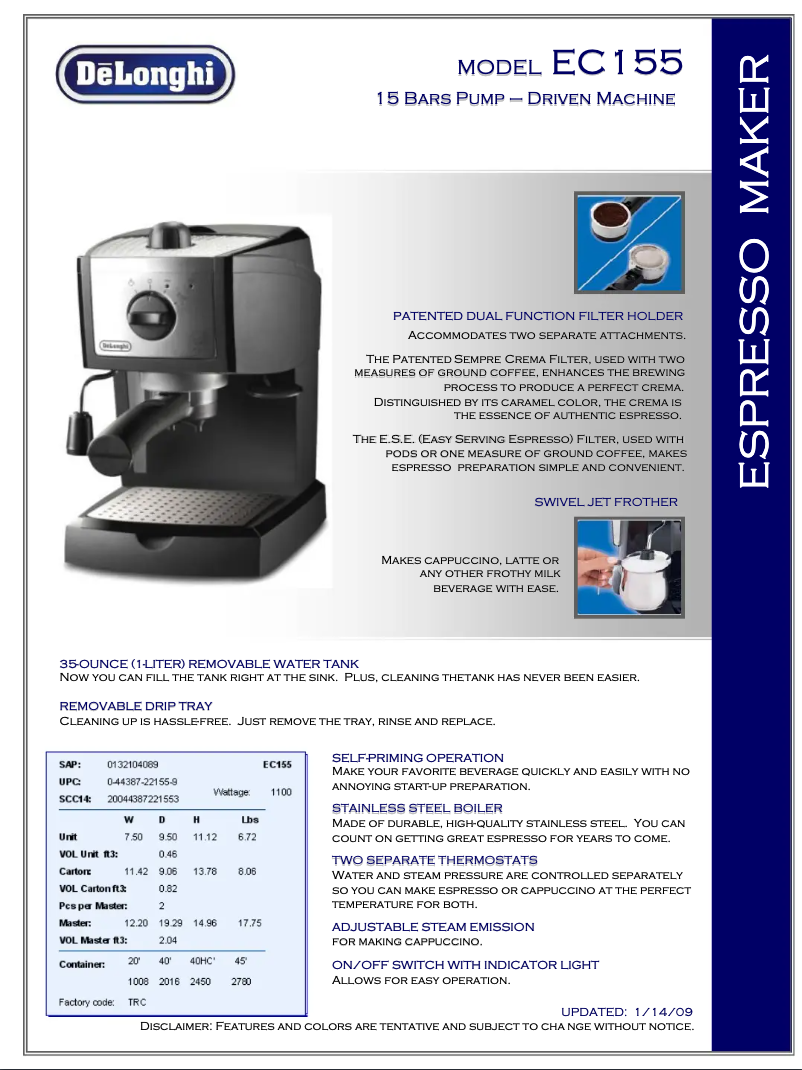 Page 1 de la notice Fiche technique DeLonghi EC155