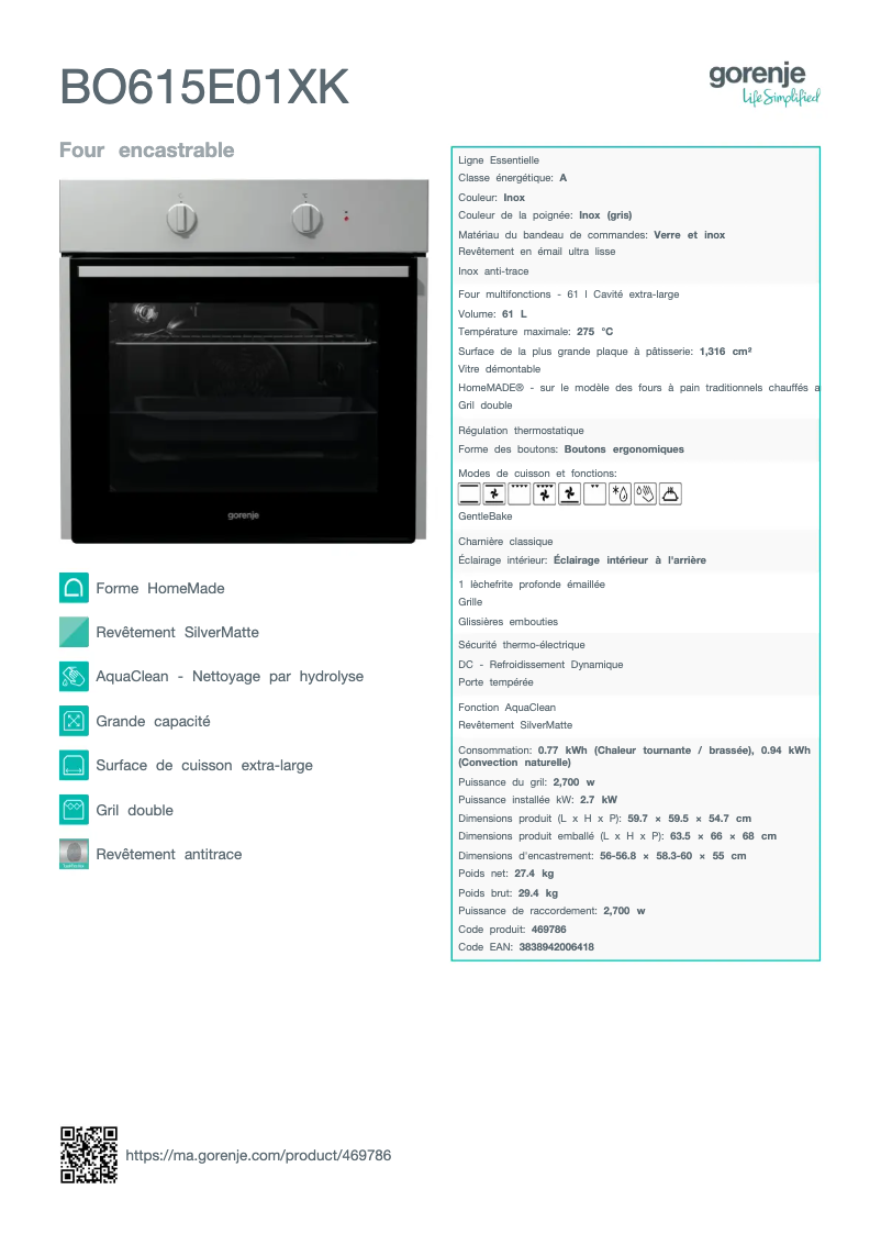 Page 1 de la notice Fiche technique Gorenje BO615E01XK