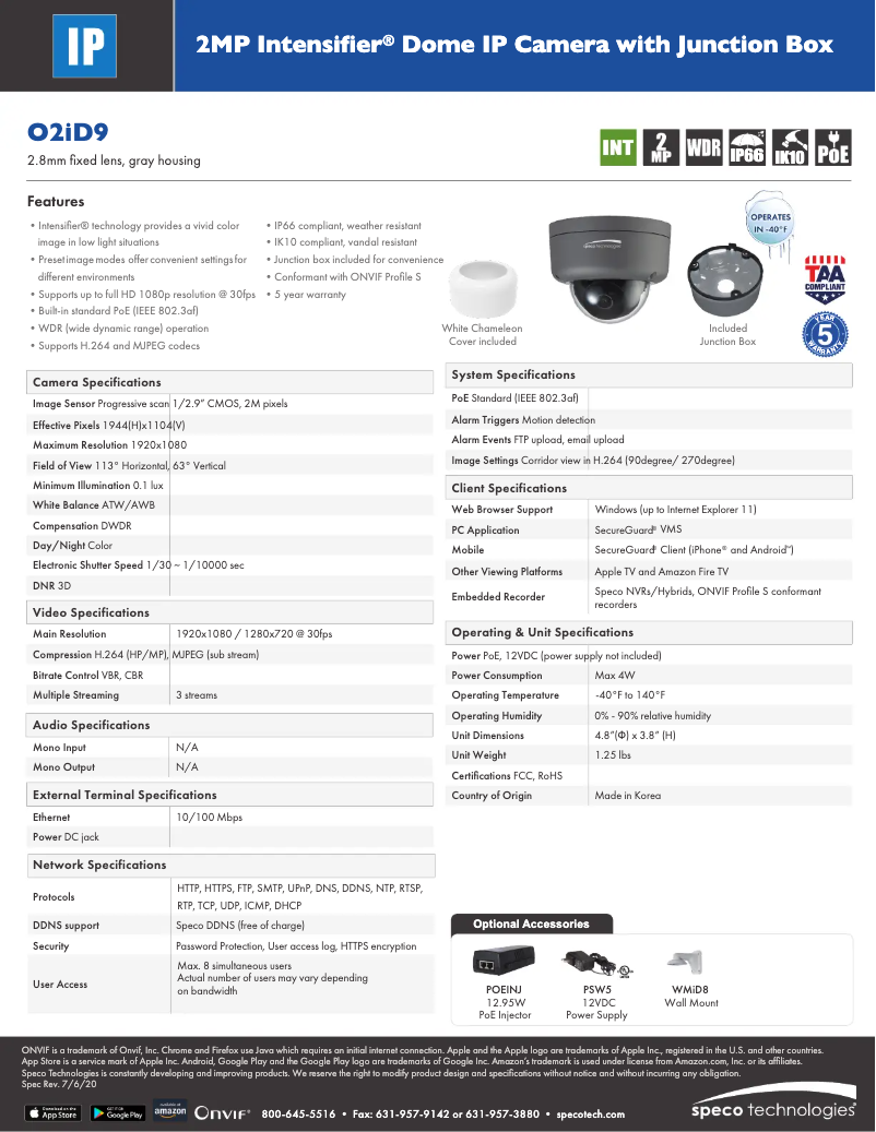 Page 1 de la notice Fiche technique Speco Technologies O2ID9