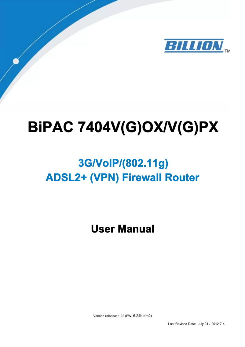Page n°1 - Manuel utilisateur Billion BiPAC 7404V(G)
