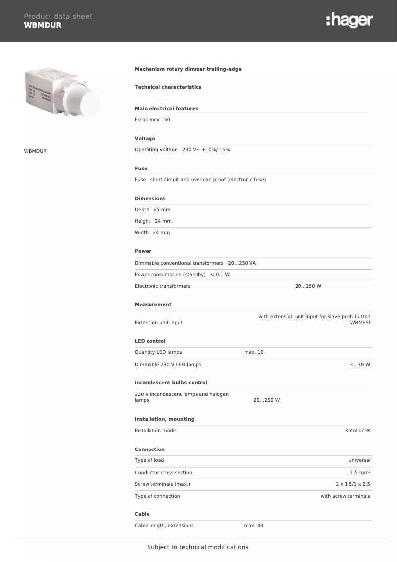 Page 1 de la notice Fiche technique Hager WBMDUR