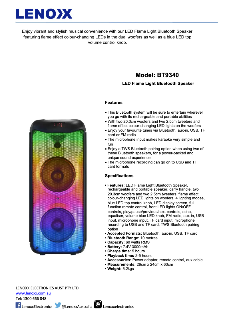 Page 1 de la notice Fiche technique Lenoxx BT9340