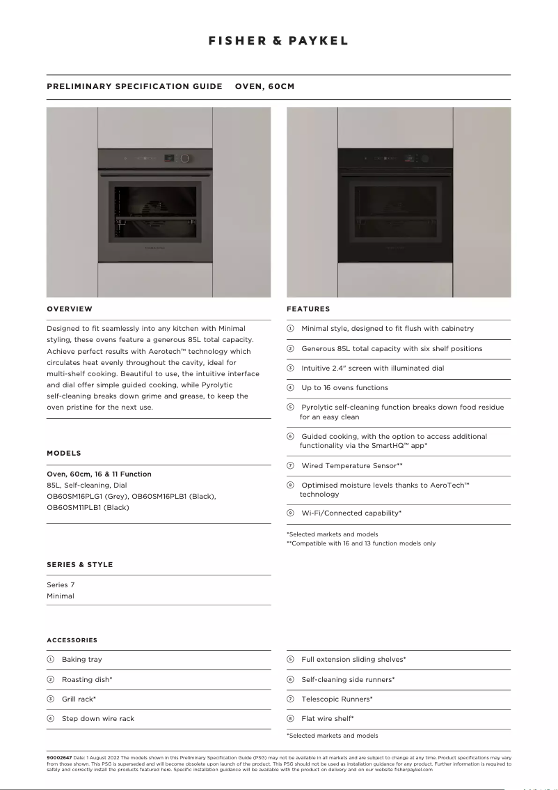 Page 1 de la notice Fiche technique Fisher & Paykel OB60SM16PLG1